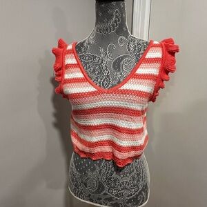 NWOT Steve Madden Crochet Cropped Top Large Striped Coral & White Cap Sleeve